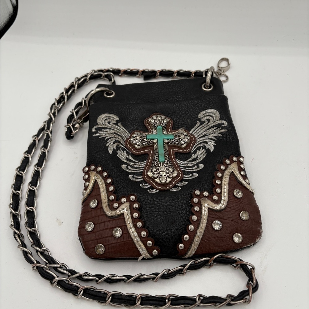 Elegant Black and Brown Crossbody Bag with Silver Embellishments - Picture 2 of 3